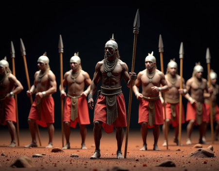 Powerful Ancient Tribal Warriors with Spears and Helmets, generative Aiの素材