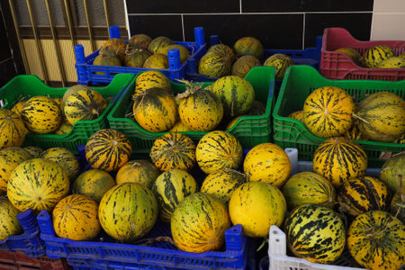 Juicy fragrant melons lie in baskets on the market counterの写真素材