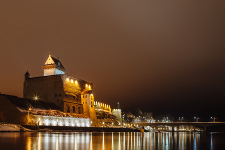 Night German fortress and river in Narva, Estoniaのeditorial素材