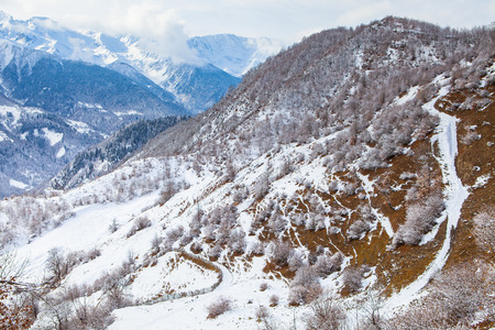 Panorama of the mountains of the Caucasus in the Snow Valley Svanetiの写真素材