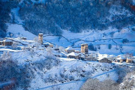 Mountain village on the snowy slope in Caucasus, Svanetiの写真素材