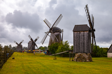 Angla, Saaremaa, Estonia - 01 of August 2015. Old wooden windmills at farm on Estonian island Saaremaaの写真素材