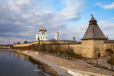 Pskov Kremlin (Krom) fortress wall with beautiful embankmentの写真素材