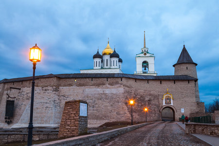 Pskov Kremlin fortress. Cathedral at the evening with lanternsの写真素材
