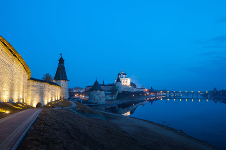 Pskov Kremlin fortress wall with beautiful embankmentの写真素材