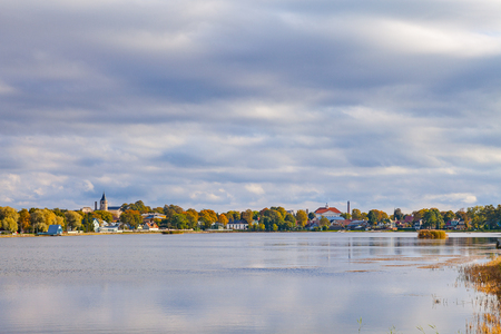 Sea profile of small town Haapsalu with castle tower, coast of Baltic sea, Estoniaの写真素材