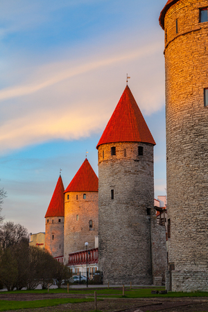 Sunset over towers of Old Town of Tallinn In Estonia. Spring time.の写真素材