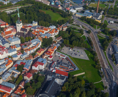 Scenic summer aerial shot of the very Old Town in Tallinn, Estoniaの写真素材