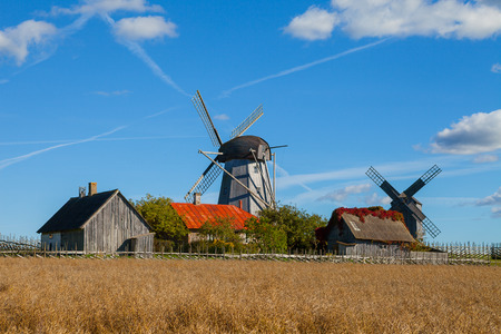 Traditional wooden windmills of Saaremaa island, Estonia. Sunny autumn day.の写真素材