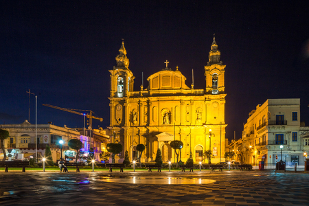 MALTA - OCTOBER 15, 2016: The beautiful Msida Parish Church at nightのeditorial素材