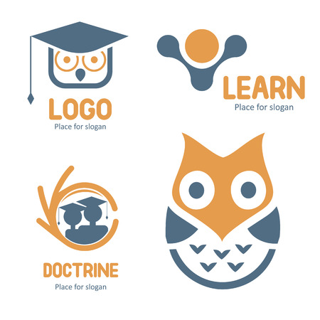 Isolated abstract studying vector set. Cartoon owl character collection. Education icons. School and university emblemsのイラスト素材
