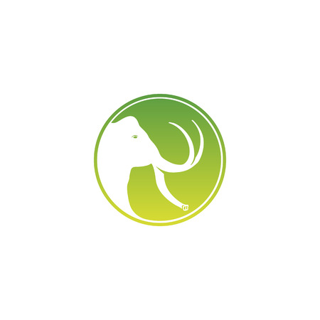 Isolated white elephant head side view silhouette vector logo. Round shape african animal image on a green coin logotype.のイラスト素材
