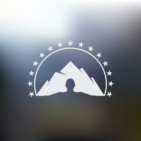 Isolated abstract mountain with human silhouette vector logo. Man outline with high hill landscape. Ski resort logotype. Snowy peak illustration. Mountaineering sign. Climbing tourism sign.のイラスト素材