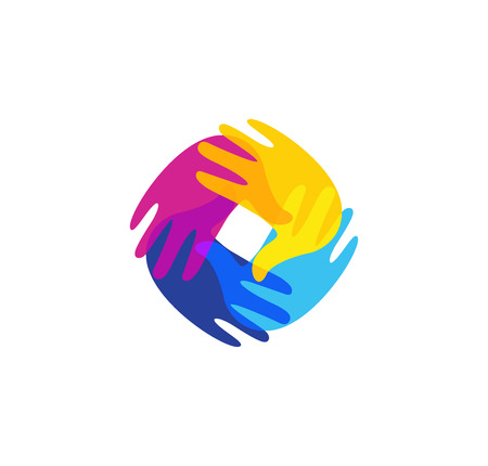 Isolated abstract colorful human hands together . Kids playroom . Kindergarten sign. Children handprints in paint symbol. Art school emblem. Vector illustrationのイラスト素材