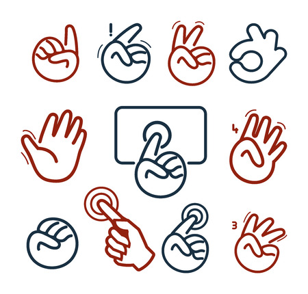 Isolated abstract social network  set. Human hands and fingers .Website buttons collection.Ok,peace,give five,pointing finger,fist signs. Victory, hello symbol. Vector illustrationのイラスト素材