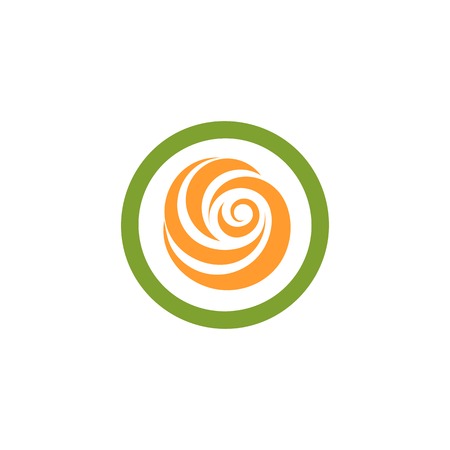 Isolated abstract green and orange color round shape logo. Flower in a circle logotype. Rose icon. Spining spiral sign. Sweet lolly pop symbol. Swirl, tornado emblem. Vector flower illustration.のイラスト素材