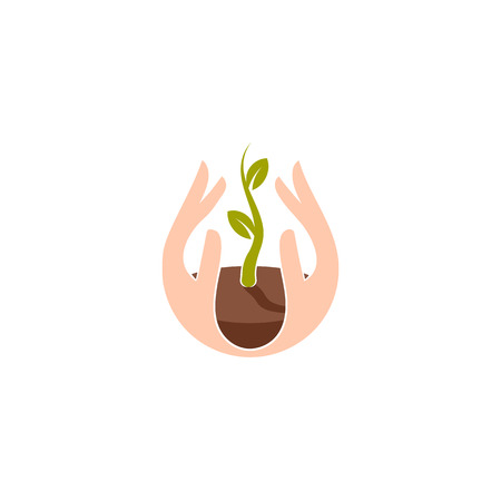 Isolated abstract natural logotype. Green color plant in human hands logo. Sprout in palms icon. Gardening sign. Growth and development symbol. Vector nature protection illustrationのイラスト素材