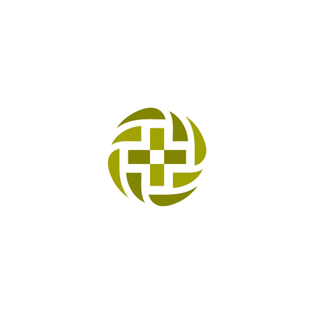 Green vector medical cross logo. Round shape logotype. Religious sign. Doctors office emblem. Ambulance label. First aid symbol. Plus button. Vector illustrationのイラスト素材