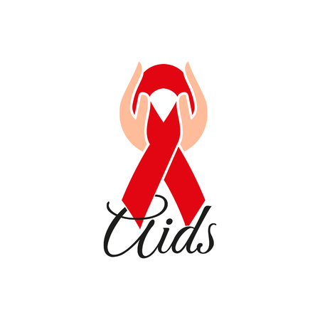 Isolated red ribbon in human hands. Disease awareness. World Aids Day concept. Stop virus icon. International support campaign for sick people. Vector illustrationのイラスト素材