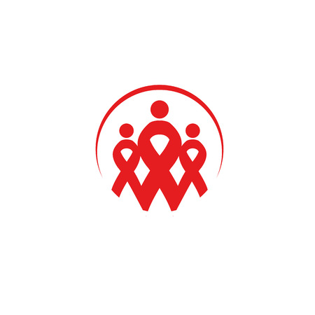 Isolated red ribbon disease awareness. Round shape human silhouettes logo. World Aids Day concept. Stop virus icon. International support campaign for sick people. Vector illustrationのイラスト素材