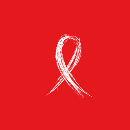 Isolated white ribbon disease awareness. World Aids Day concept. Stop virus icon on red background....