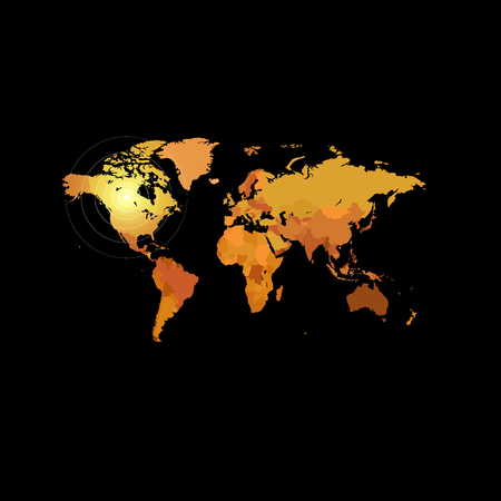 Orange color world map on black background. Globe design backdrop. Cartography element wallpaper. Geographic locations image. Continents vector illustrationのイラスト素材