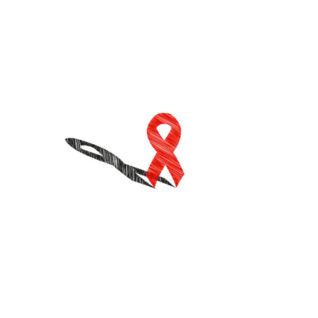 Isolated red ribbon disease awareness logo. World Aids Day logotype concept. Stop virus icon. International support campaign for sick people. Vector illustration.Black vector shadowのイラスト素材