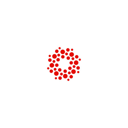 Abstract circle logotype. Unusual dotted round isolated chem logo. Virus icon. Red sun. Flower symbol. Spiral sign.Vector illustrationのイラスト素材