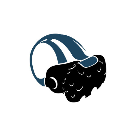 Isolated vr headset logotype on white background. Black color virtual reality helmet logo. Head-mounted display icon. Modern gaming device. Simulation smartglasses vector illustrationのイラスト素材