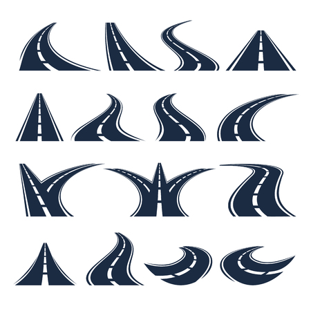 Isolated black color winding curved road or highway with dividing markings on white background vector illustrations set.のイラスト素材