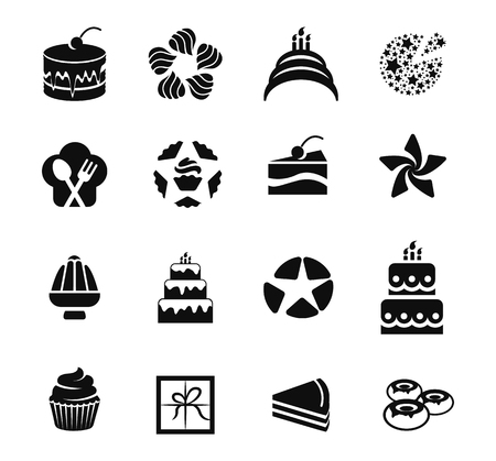 Isolated black color icons, cakes,cupcakes,donuts,pies logos set on white background vector illustration.のイラスト素材