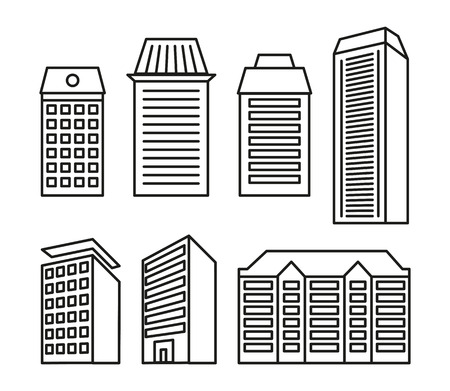 Isolated black and white color blocks of flats and low-rise houses in lineart style icons collection, elements of urban architectural buildings vector illustrations setのイラスト素材