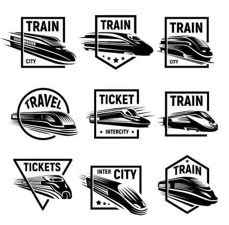 Isolated monochrome modern gravure style train in frame logos set on white background vector illustration.のイラスト素材