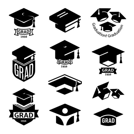 Isolated black and white color students graduation hat logo collection, mortarboard of books logotype set, university grad emblems, education element vector illustration.の写真素材