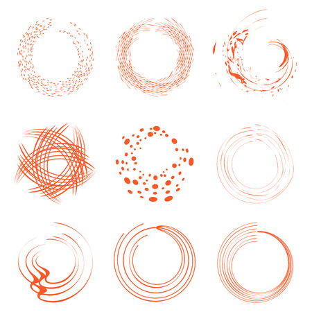 Isolated abstract round shape orange color logo collection, sun logotype set, geometric circles vector illustrationのイラスト素材