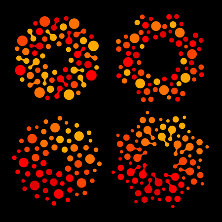 Isolated abstract round shape orange and red color logo set, dotted stylized sun logotype collection on black background vector illustrationのイラスト素材