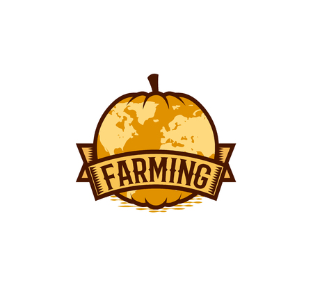 Isolated abstract orange color round shape pumpkin logo on white background, farming logotype,autumn vegetable, unusual globe vector illustrationのイラスト素材