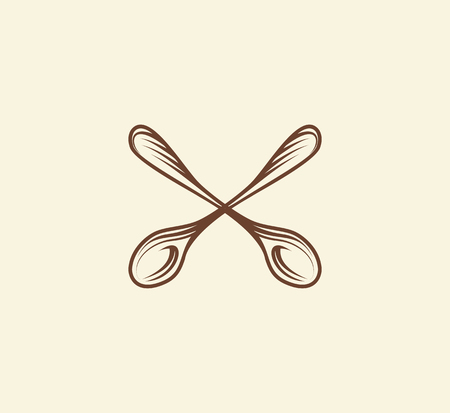 Isolated abstract brown color two tea spoons cross logo, tableware element logotype, kitchenware vector illustrationのイラスト素材