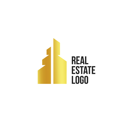 Isolated golden real estate agency logo, house logotype on white, home concept icon,skyscraper vector illustrationのイラスト素材