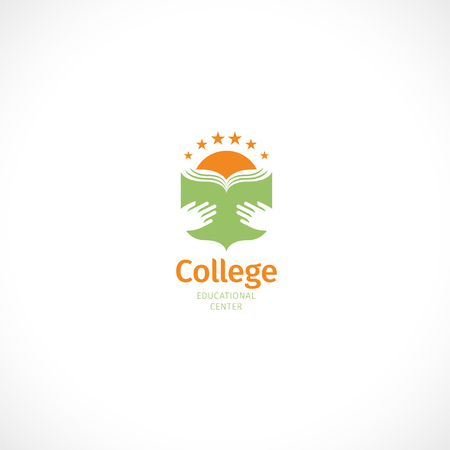 Isolated abstract orange and green color hands holding book logo, college logotype on white background vector illustration.のイラスト素材