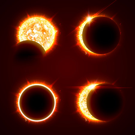 Incomplete and total solar eclipseon on a black background vector illustration set. The Sun in the Shadow of the Moon picture collectionのイラスト素材