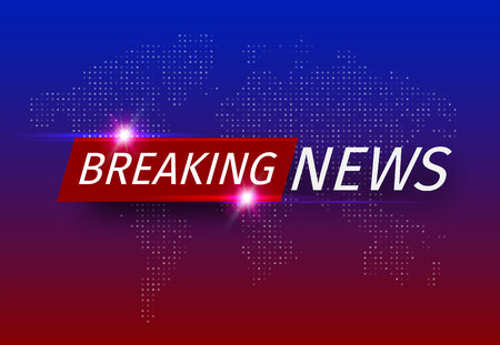 Announcement and a message line with a message about the latest news on the air on a futuristic red and blue background with abstract lines and glowing design elements. Vector baner illustration.のイラスト素材