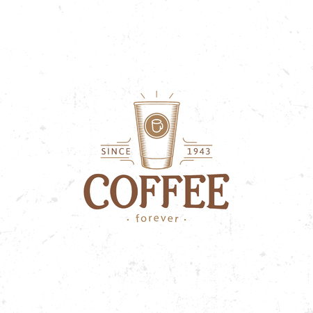 Vintage dark coffee emblem, flat retro illustration. Brown and beige colors sign. Stylized stamp of vector lettering drink. Breakfast cafe logoのイラスト素材