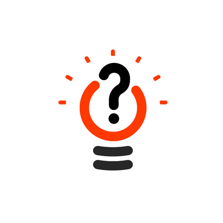 New question mark symbol, flat bright cartoon bulb. White and orange colors sign. Stylized vector lightbulb colorful logotype. Query icon, circle line logo.のイラスト素材