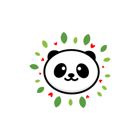 Cute Panda on positive vector illustration, Baby Bear logo, new design line art, Chinese Teddy-bear Black color sign, simple image, picture with animal, leaves and heartsのイラスト素材