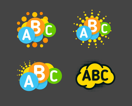 Creative children colorful brain with abc signs and orange sun. Vector isolated logoのイラスト素材