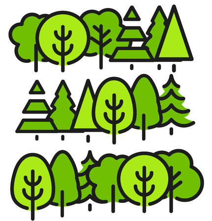 Isolated green color trees in lineart style set, forest,park and garden flat vector illustrations collectionのイラスト素材