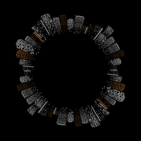 Black geometric isolated abstract big city vector illustration. Night modern town building silhouette, skyscraper frame.のイラスト素材