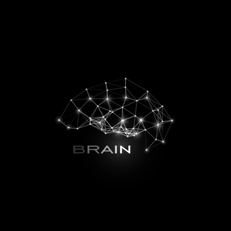 White isolated lines and dots brain, vector shape, polygonal artificial intelligence, data base logo on black cosmic space background.のイラスト素材