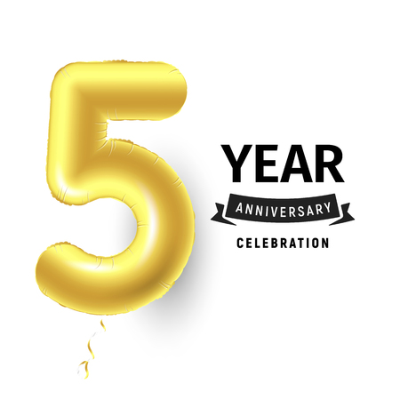 Inflatable golden ball one year with symbol 5. Vector illustration or poster for fifth birthday celebrating of a child, business, anniversary.のイラスト素材